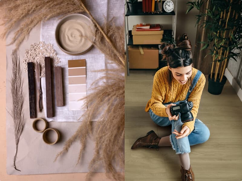 Mujer feliz fotografiando su ambiente remodelado con Corona